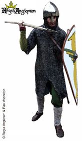 Norman Warrior AD1042‑1179 Wearing a mail hauberk, with a skirt split front and back and an integral mail coif. His shield carries a zoomorphic design and his sword scabbard passes through and lies under his mail shirt.