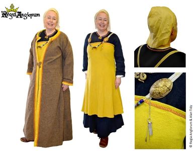 Viking Bondi AD793‑979 She is wearing a yellow hangerock with type P37 oval brooches, gilded in gold. For warmth she has a long coat, closed by a single trefoil brooch and her hair is gathered up and covered with a simple cap.