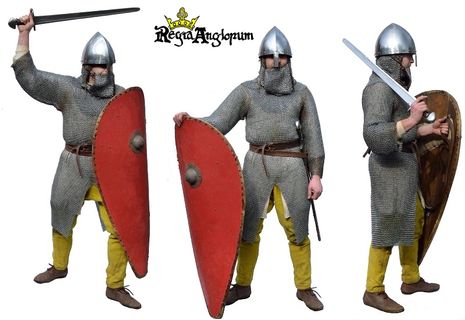 Norman Miles AD1080‑1215 This Lord wears a full hulberk mail shirt along with a single-piece conical helmet and a kite shield. The sleeves of his mail shirt extend to the wrist for added protection.
