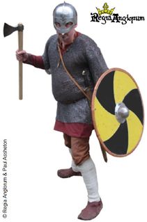 Viking Warrior AD900‑979 He wears a Viking spectacle helm and mail armour. He fights with an axe and carries an tri-lobe sword on a baldric.