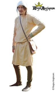 Villein AD1180‑1215 Undyed tunic with sleeves tight on the forearm, and small side gores, tight to the leg footed hose and turn shoes or low boots. Leather bag and coif.