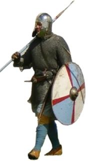 English Thegn AD793‑979 A rich English warrior wearing a Coppergate style helmet and a mail shirt. He is armed with a sword, seax and spear and carries a lenticular shaped shield.