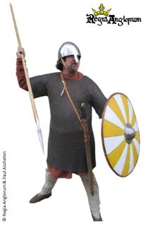 English Thegn AD980‑1179 Warrior with lenticular curved shield and armed with an English sword and angular shaped spear.